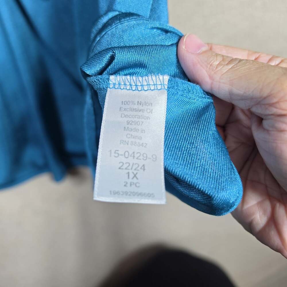Only Necessities Womens 1X Blue Nylon silky 2pc Pajama pants Set Lace Trim - Picture 3 of 12